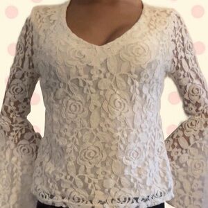 70s Inspired Cream Lace Bell Sleeve Top